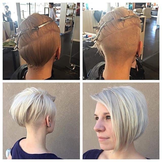 Grunge asymmetrical platinum bob with “half shaved” back