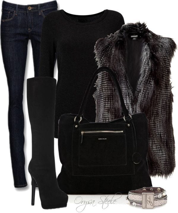 Black thigh high boots and black and white “feather fur” vest