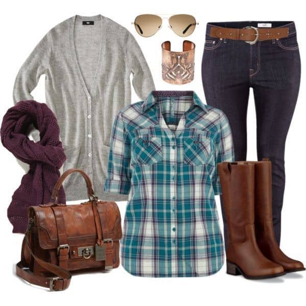 Plaid shirt, cardigan and brown accessories