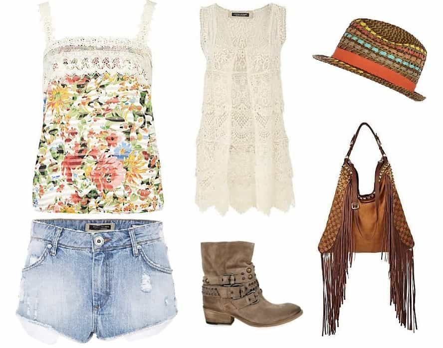 Floral tank, crochet sleeveless cover-up and distressed blue jeans