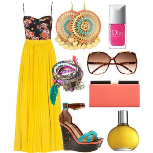 Floral halter top, buttercup maxi skirt and Aztec jewelry