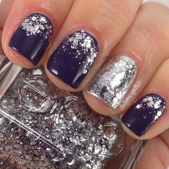 Navy Nails with Silver Glitter