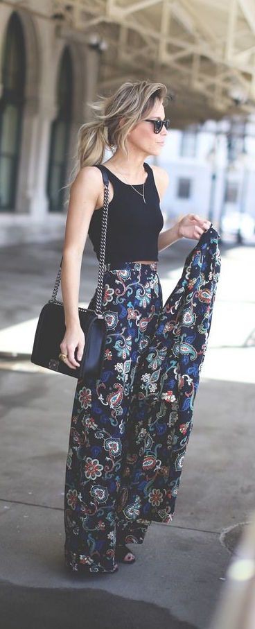 Floral Maxi Skirt with Black Crop Top