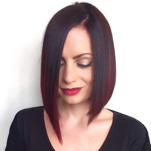 Dark brown asymmetrical lob hair style