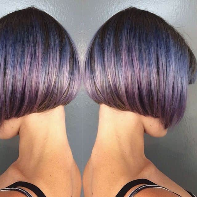 Lavender, blue and brown short angled blunt bob with bangs