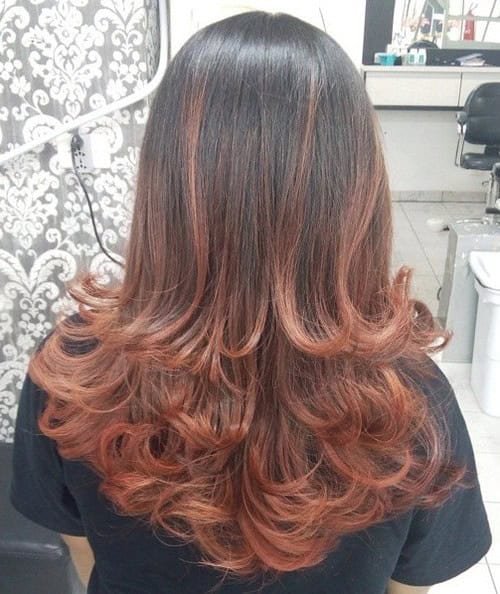 Brown to Copper Flicked Ends for Long Hair