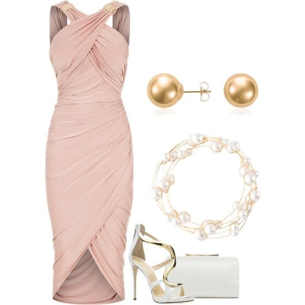 Flamingo-colored fitted dress with pearls