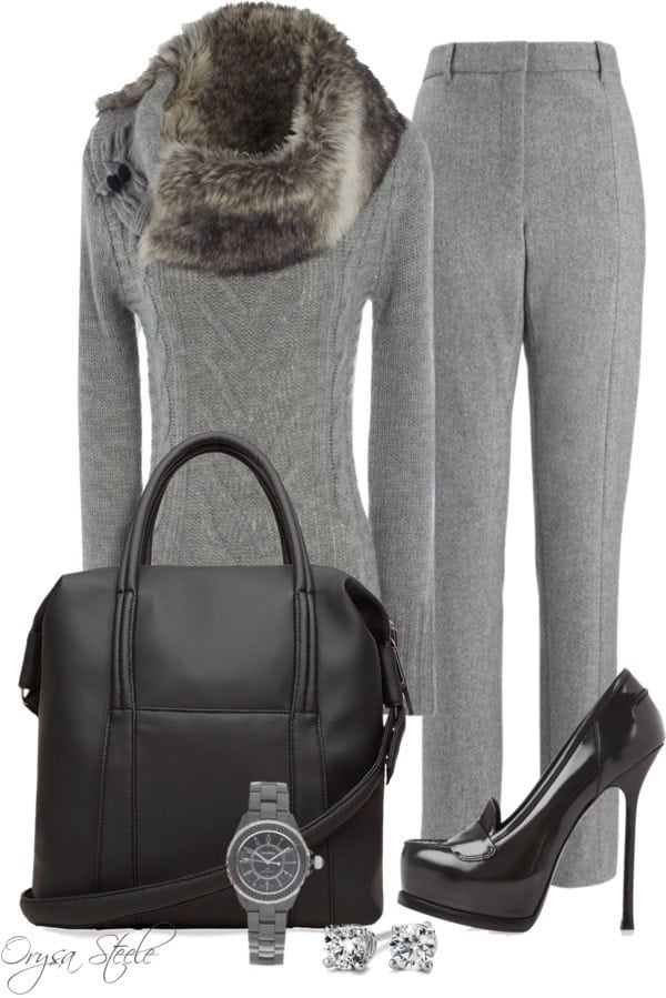 Grey and black with sweater with fur collar