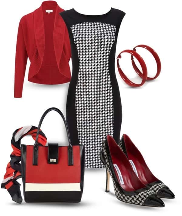 Fitted herringbone dress and red knit jacket