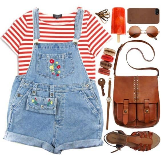 Red Stripy Tee and Dungarees Shorts