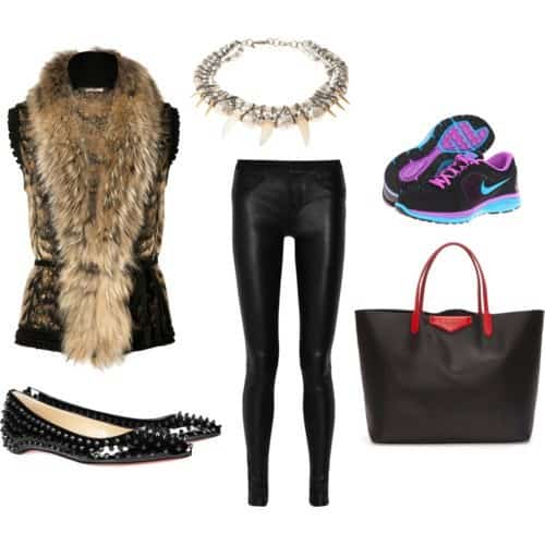 Black leather leggings, sneakers/flats and fur sleeveless top