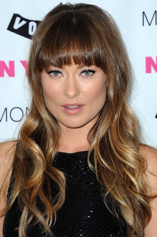 Olivia Wilde Long Wavy Hairstyles – long wavy brunette hairstyle with blunt bangs for women