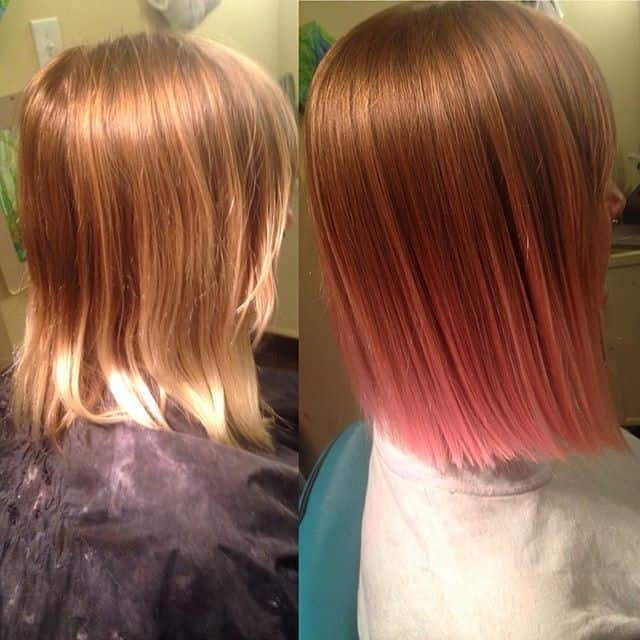 Copper and pink ombre blunt bob with long side-swept bangs