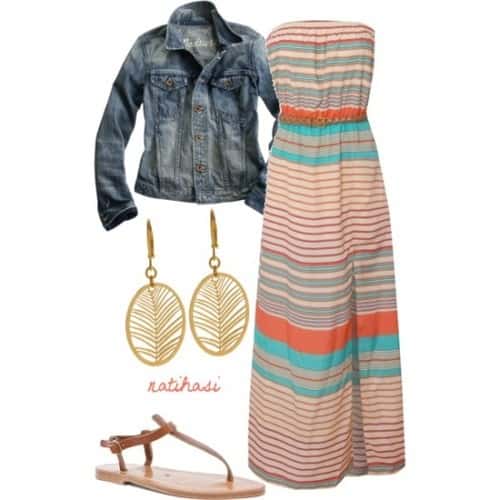 Striped strapless maxi dress, jean jacket and sandals