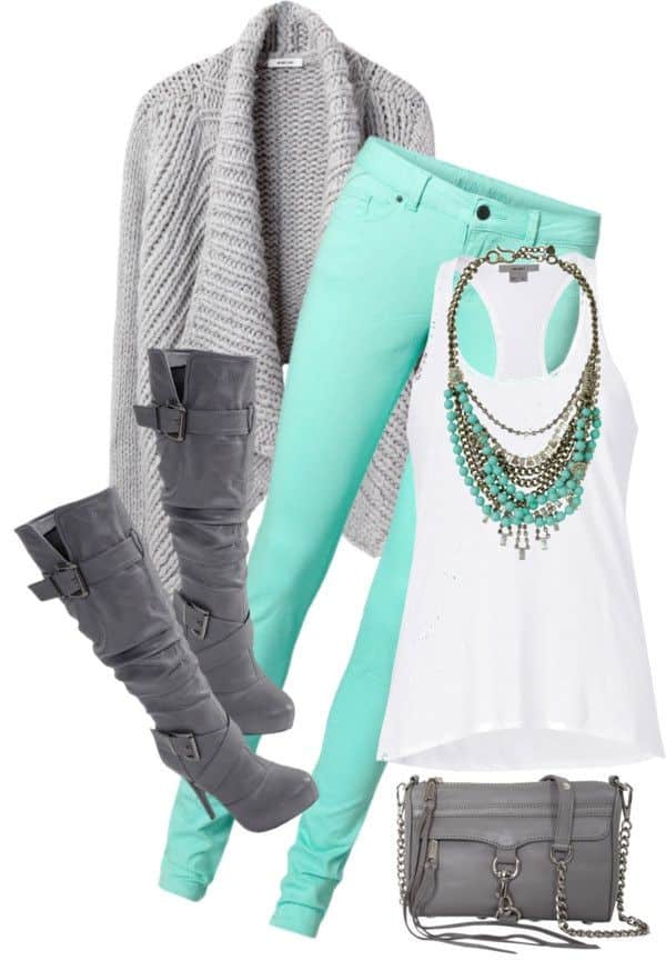 Stormy weather cable knit cardigan with mint green skinny jeans