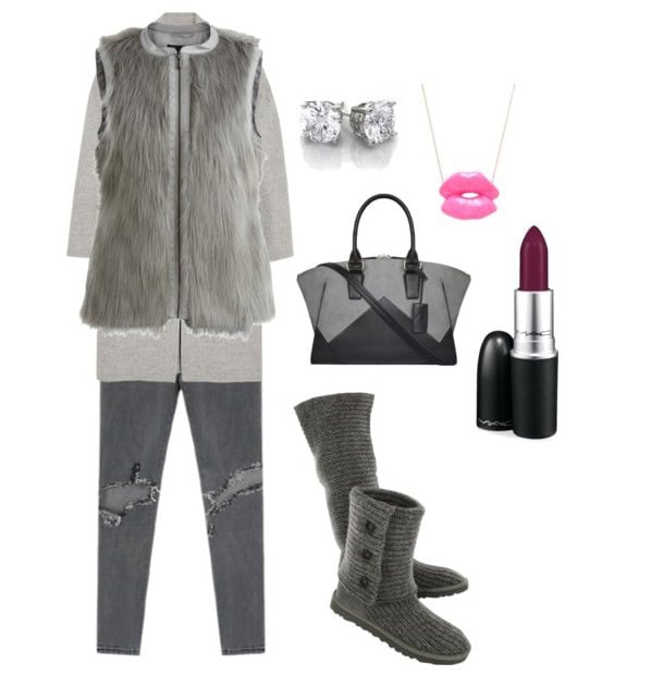 Stormy weather faux fur vest and matching distressed jeans