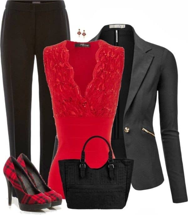 Red lace tank, black slacks and dark grey blazer