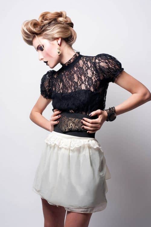 Black lace short sleeve top, white mini slip and strapless black bra