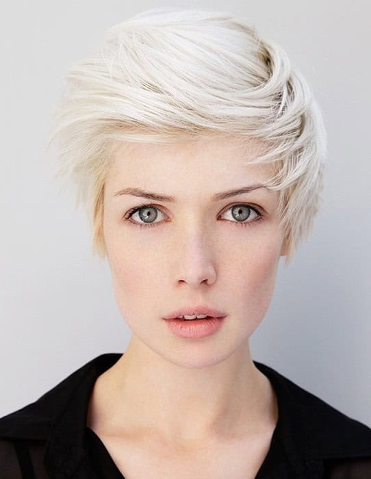 Feathered pixie cut with brushed back bangs