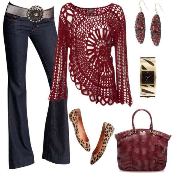 Crochet asymmetrical top and flare jeans