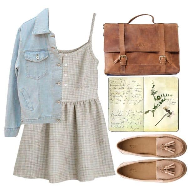 Spaghetti strap cotton dress and light blue jean jacket