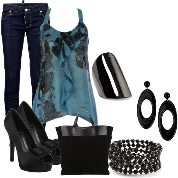 Floral print halter top, jeans and black accessories