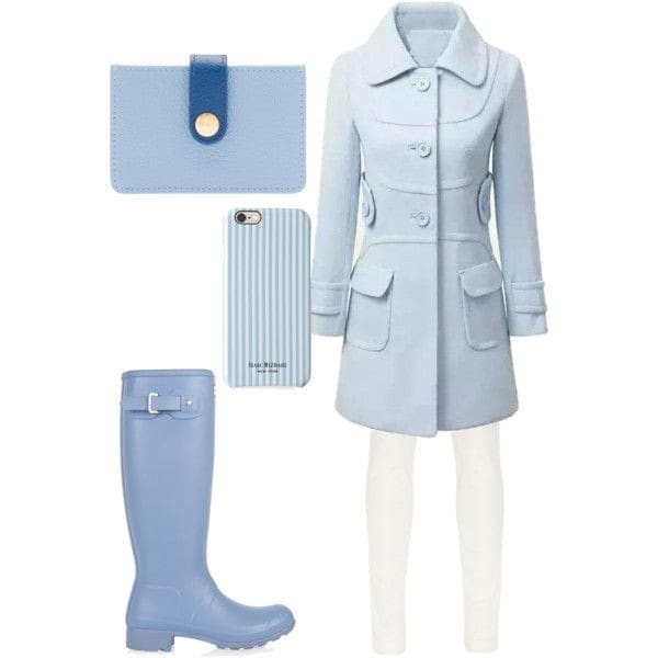 Baby blue coat, white leggings and baby blue rain boots