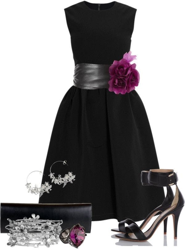 Black dress with flare skirt, flower belt and strap Stilettos