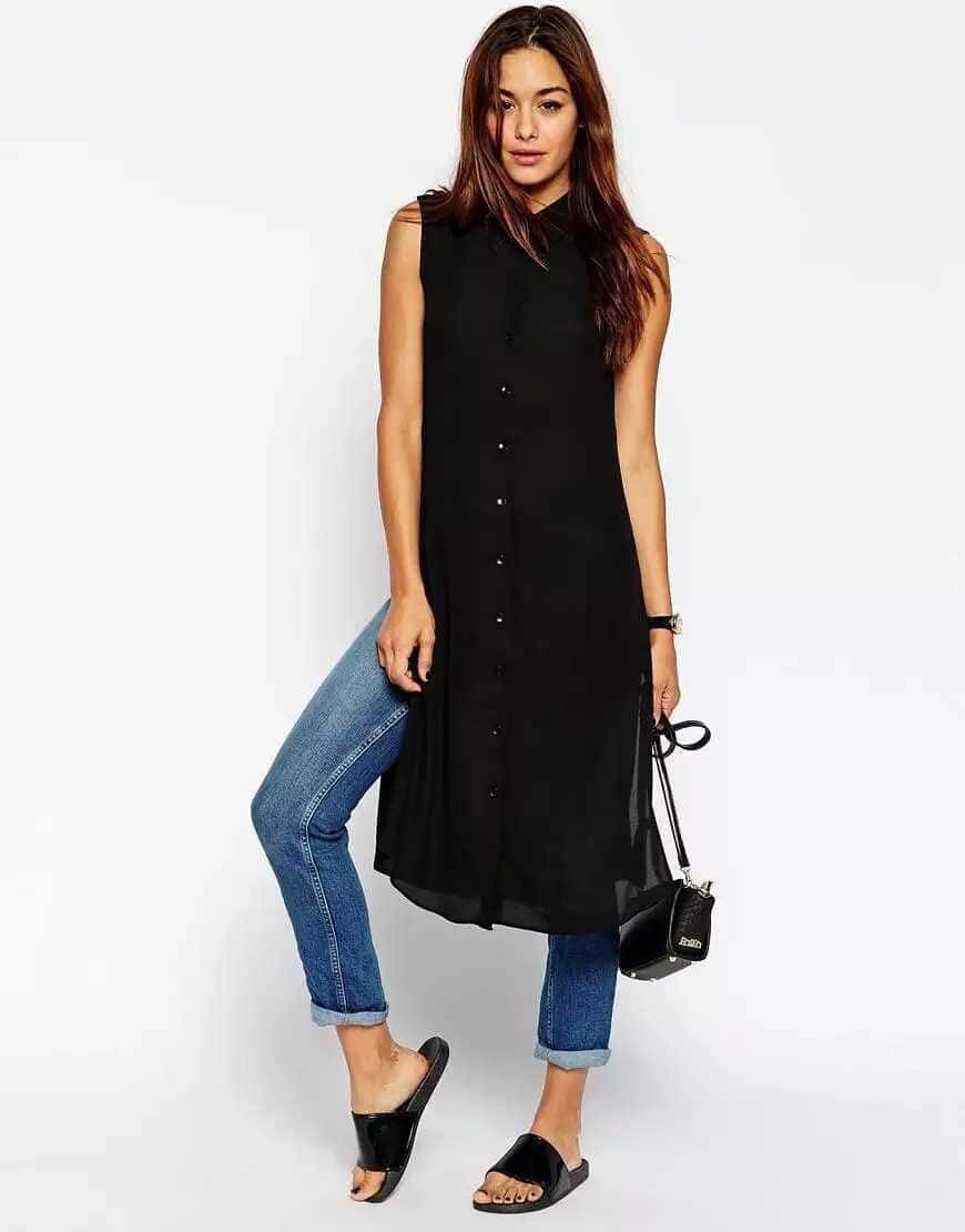 Sleeveless button down shirt with side slits