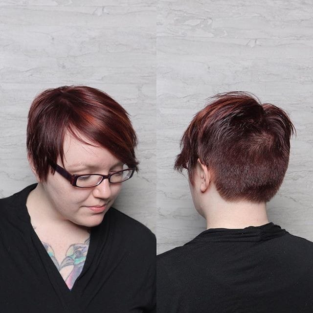 Highlighted pixie with long bangs and a clipper cut back