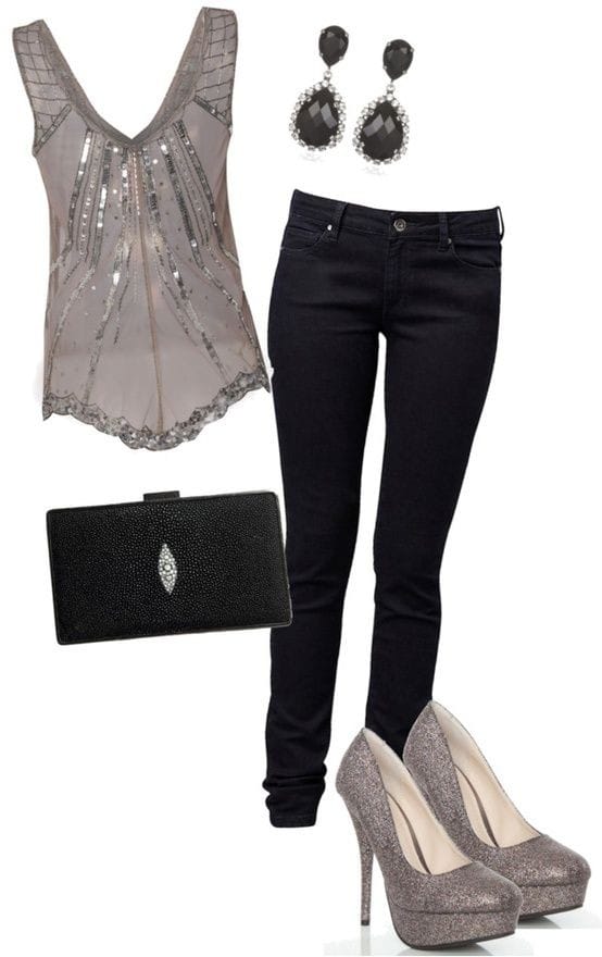 Sheer silver beaded tank and black skinny jeans