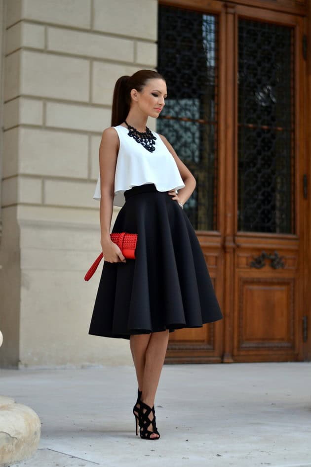 White Crop Top with Black Midi-Skirt