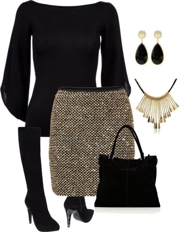 Black blouse with bell sleeves and gold and black mini skirt