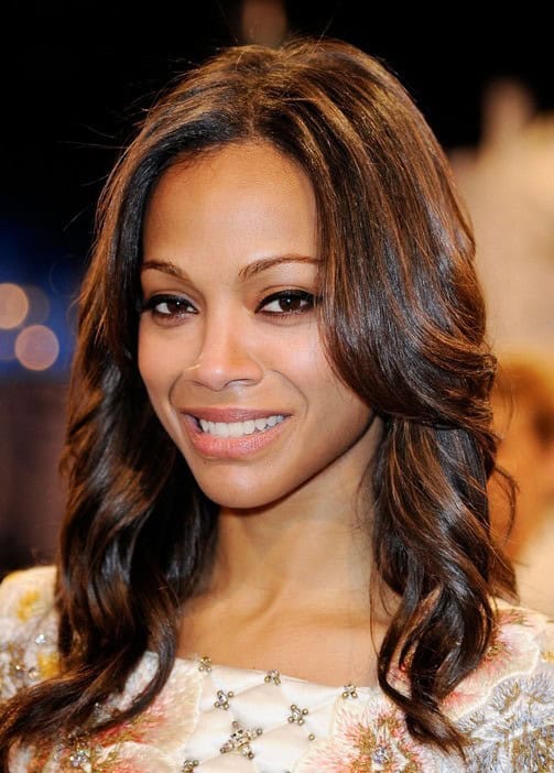 Zoe Saldana Long Feathered Wavy Hairstyle: Highlighted black hairstyle for women