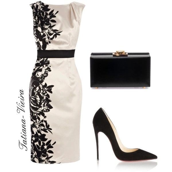 Sleeveless satin black-and-white fitted dress and black heels