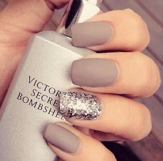 Matte Grey with Silver Glitter Accent Nail