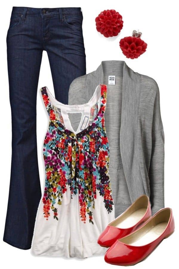 Cardigan, jeans and floral flowing tank