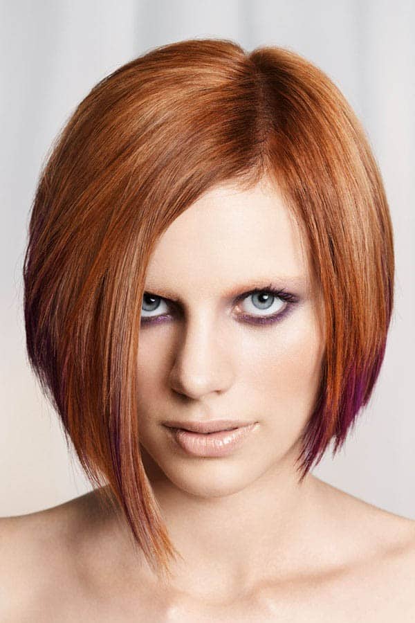 Copper-colored asymmetrical bob