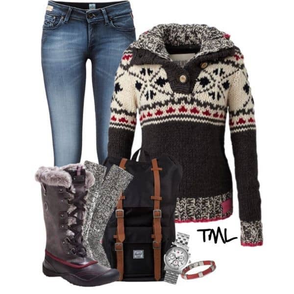 “Christmas” sweater and jeans with faux fur lined boots