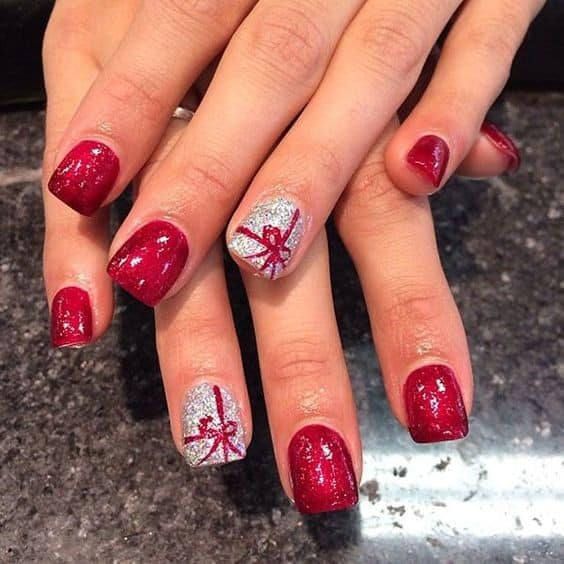 Red Glittery Nails with Silver Ring Fingers