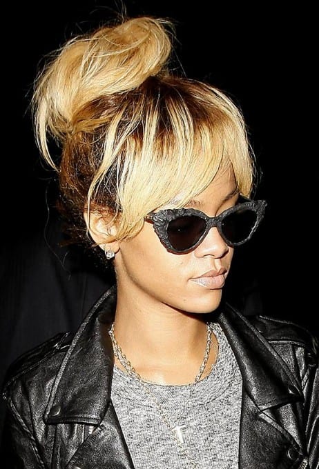 Rihanna Updo Hairstyles: Messy High Bun for women