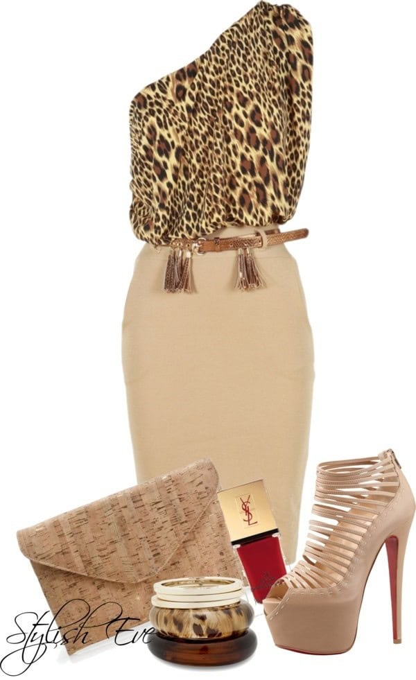 Silk sleeveless one-shoulder animal print top and pencil skirt