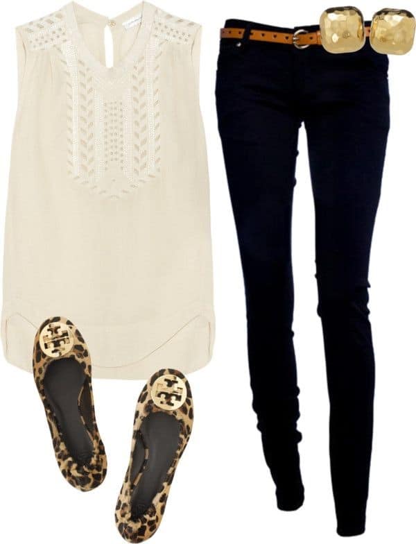 White sleeveless top and dark blue jeans