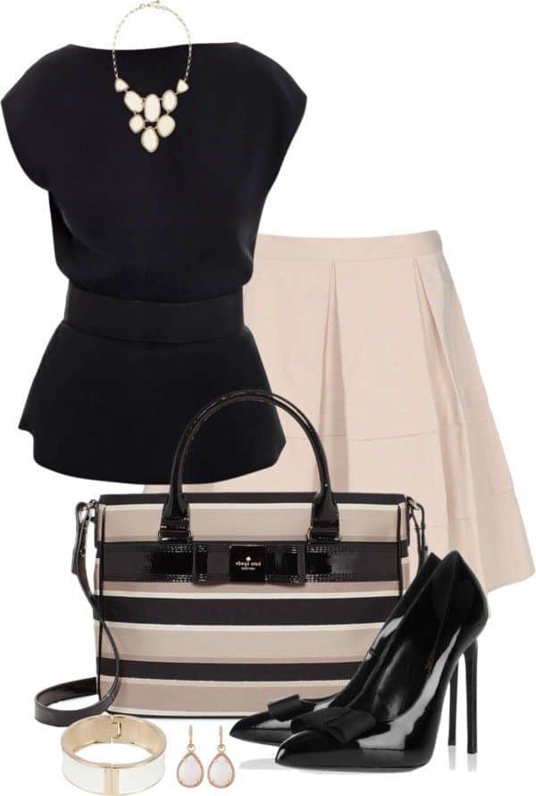 Black top and pleated nude flare skirt