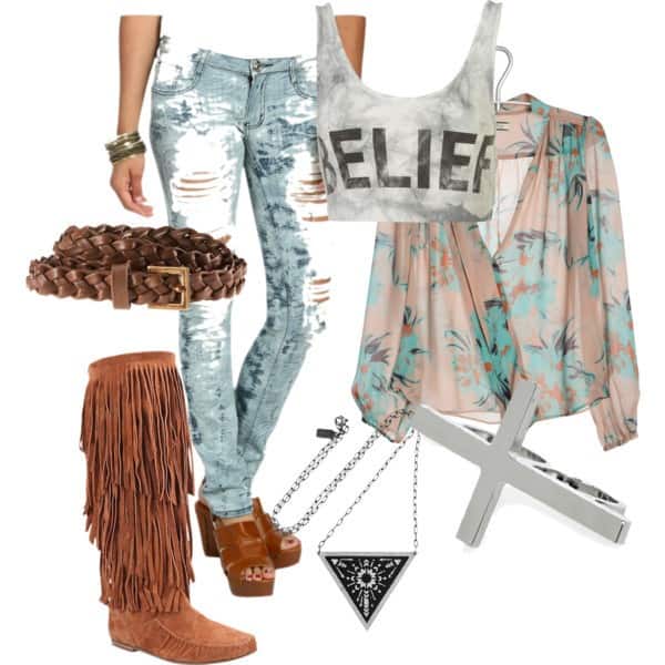 Graphic midi tank, sheer floral blouse and distressed jeans