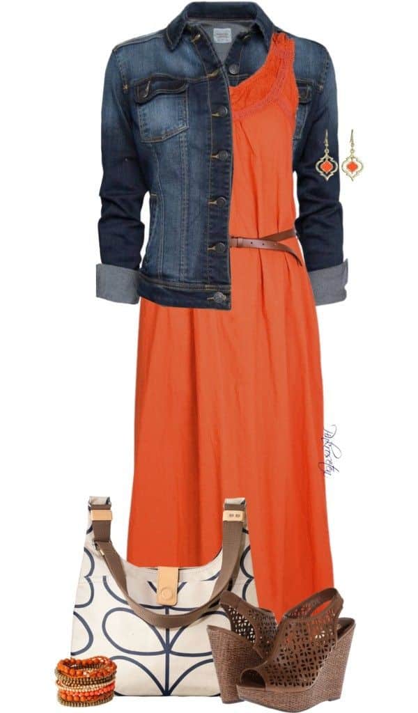 Orange maxi dress and jean jacket