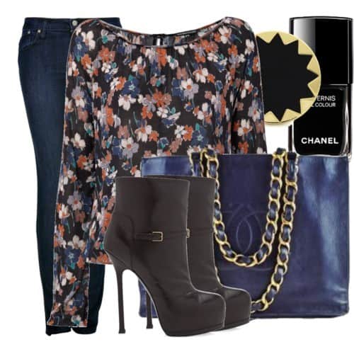 Floral long sleeve blouse, jeans and Stiletto ankle boots