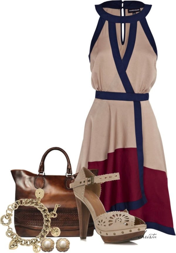 Halter geometric tri-tone dress and strap heels