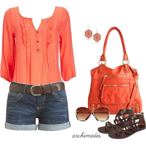 Orange scoop-neck blouse and jean shorts