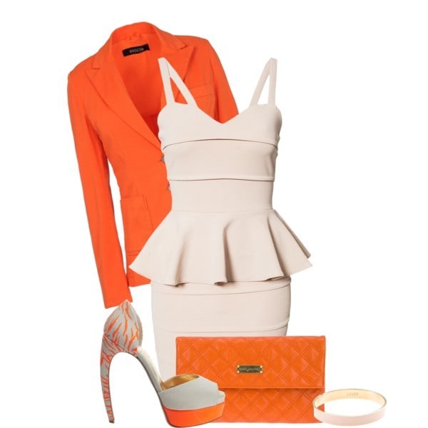 Nude peplum strapless dress and orange blazer